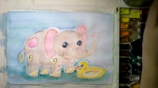 Учимся рисовать игрушки СЛОН акварель и восковые мелки. Paint toys ELEPHANT watercolor.