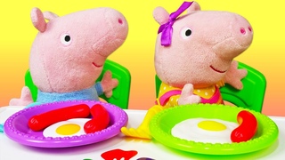 Peppa Pig e George fazem um caf da manh surpreso! Histria para crianas com brinquedos de pelcia