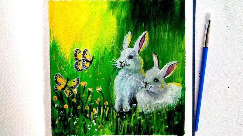 Bunnies and Butterflies in Spring Garden, Acrylic Painting for