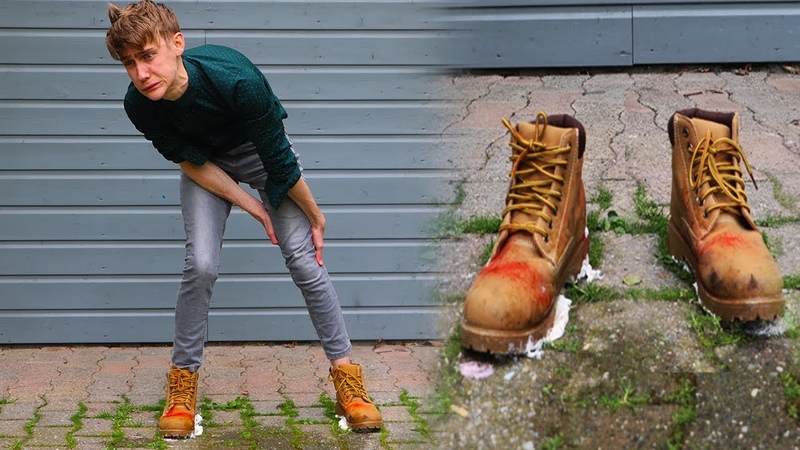 I guy glues his boots to the ground and tries to get himself